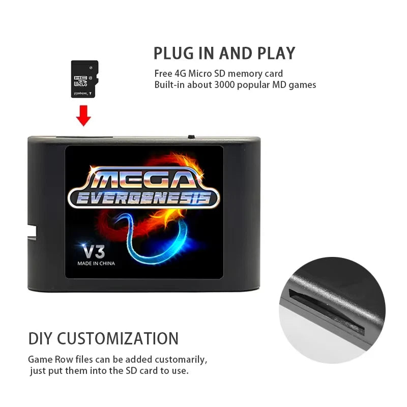 Mega EverDrive V3 Evergenesis Retro Game Cartridge with 4GB TF Card for Sega Consoles